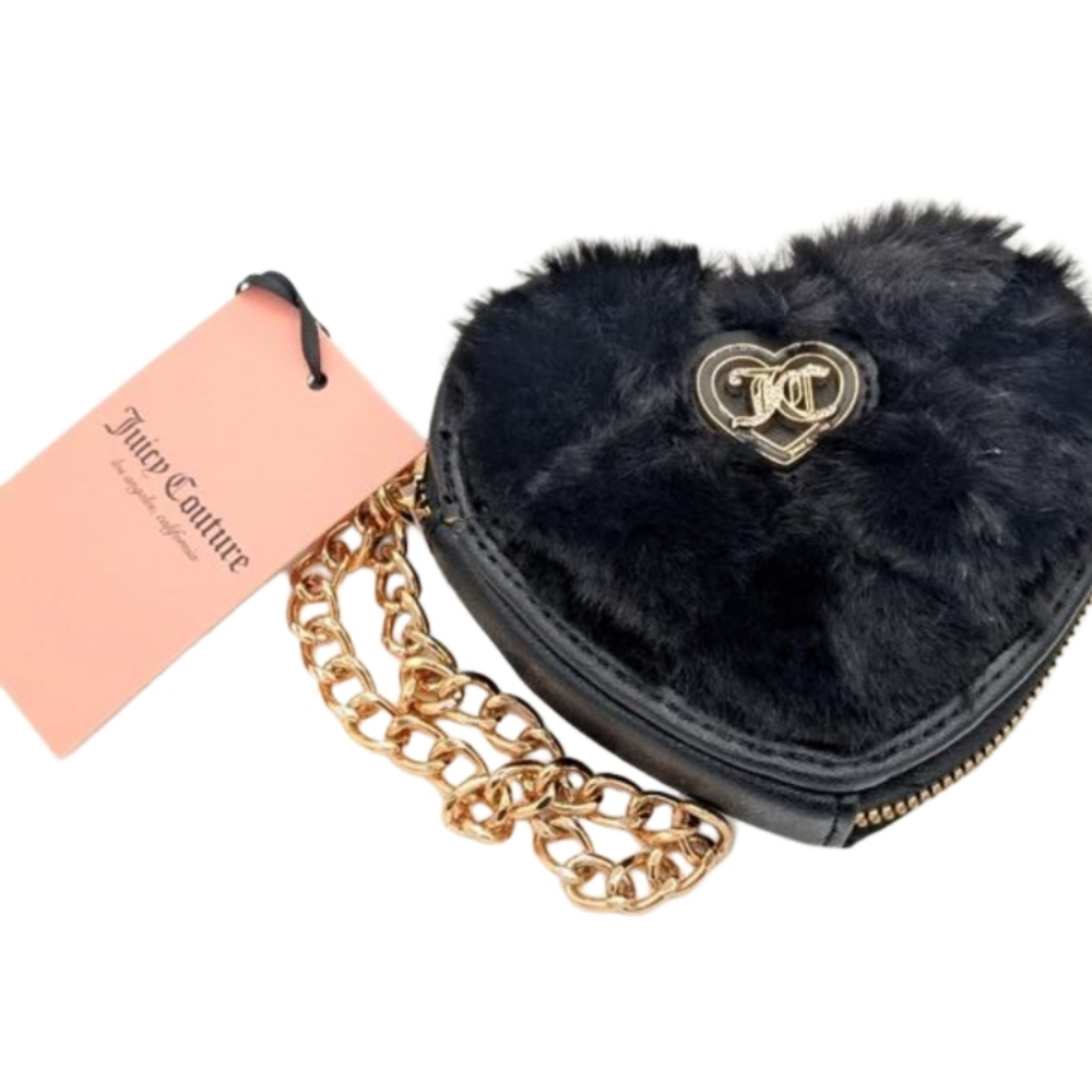 Juicy Couture Faux Fur Heart Wristlet with Chain link strap Black Goldto…